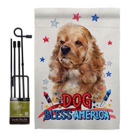 Breeze Decor Patriotic Cocker Spaniel Garden Flag Set with Stand Animals Dog Puppy Spoiled Paw Canine Fur Pet Nature Farm Animal Creature Small Decorative Gift Yard House Banner Made in USA 13 X 18.5