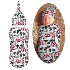 KiuLoam Pink Bow Skull Newborn Swaddle Set with Matching Hat, Newborn Receiving Blanket Soft Unisex Infant Swaddle Wrap for Baby Boys and Girls