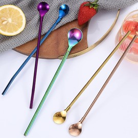 14 Pieces Stainless Steel Drinking Straws Spoons, BetterJonny Drinking Straws Spoons, 2 in 1 Reusable Straws, Spoon, Spoon Straws, Ideal as Latte Macchiato and Cocktail Spoon (Silver)