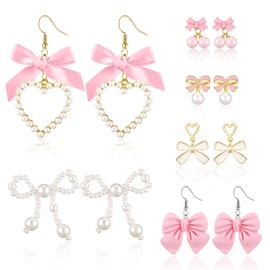 Tondiamo 6 Pairs Coquette Bow Earrings for Women, Pink Bow Pearl Drop Dangle Earrings Pearl Rhinestone Drop Dangle Eardrop Shoujo Aesthetic Gold Jewelry Accessory Gifts for Wedding Party