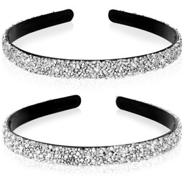 HINZIC 2Pcs Rhinestone Headband Handmade Vintage Crystal Pearl Hairbands Silver Diamond Bling Headbands Hair Hoops Padded Headband Glitter Beaded Jeweled for Bridal Wedding Party