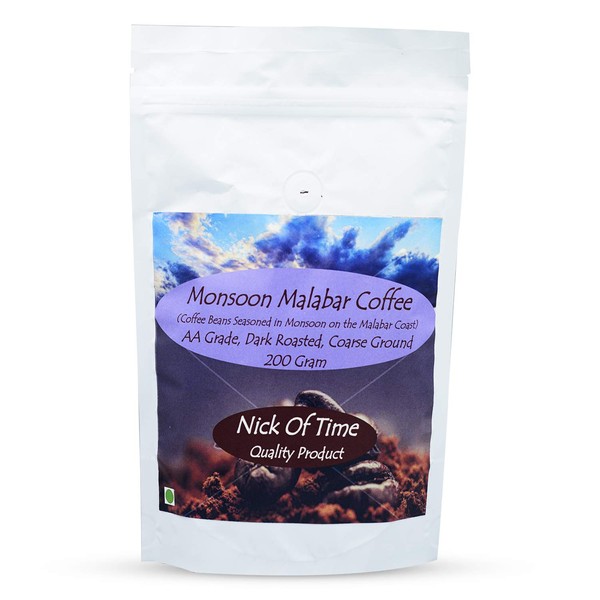 Nick of Time Exlusive Monsoon Malabar Ground Coffee |100% Arabica AA Grade Dark Roast with Unique, Bold and Smooth Flavor Profile|From India's Western Ghats(200g/7.1 oz)