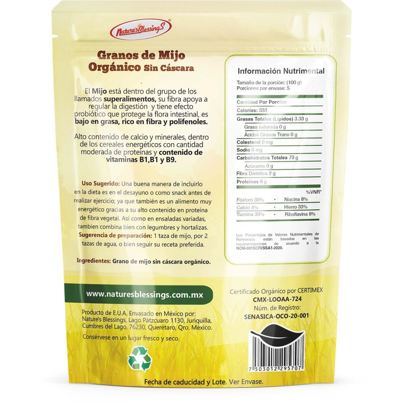 Nature's Blessings Mijo en grano orgánico sin cascara 500g Envasado