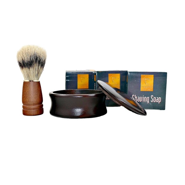 Koenig Mens Shaving Collection - Dark Wood Soap Bowl, Natural Bristle Shaving Brush & 3 Soap Set by Harry Koenig