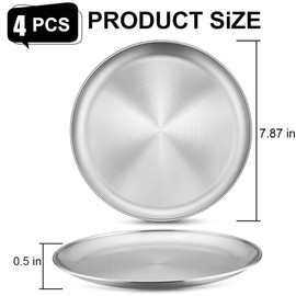 Stainless Steel Plates, 7.8in Metal 304 Dinner Plates Unbreakable Dishes for Home, Picnic, Camping, Reusable and Dishwasher Safe (4 Pcs)