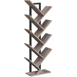 HOOBRO Tree Bookshelf, 9-Tier Bookcase Wooden Shelves, Floor Standing Storage Rack, for Display of CDs, Books in Living Room, Home Office, Wood Storage Rack for Bedroom, Greige BG08SJ01G1