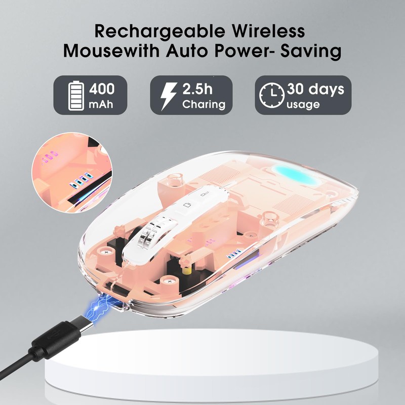 mouse inalámbrico transparente para computadora, mouse Bluetooth recargable, visualización de