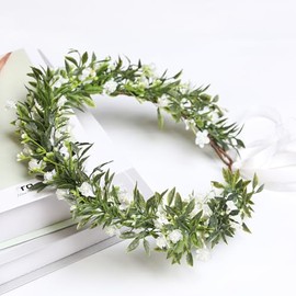 Yili Maizi Handmade White Flower Crown Green Leaf Headband Floral Headpiece Fairy Hair Wreath Flower Hair Accessories for Girls Weeding Bride Cosplay Party
