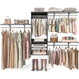 Besiost 96 Inch Hanging Closet System, 8 FT Closet Organizer System with Hanging Rod, Walk In Mounted Closet System, Built-In Clothes Garment Rack with 3 Shelving Towers(Can Be Cut To Fit), Black