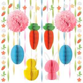 VinTS Easter Honeycombs Garland Hanging Decoration,Pastel Easter Egg Carrot Bunny Paper Honeycomb,Tissue Pompom,4 Colors Crepe Paper Rolls for Spring Theme Party