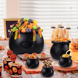 JOISHOP 6pcs(8.5", 5.5", 4pcs 2.8") Halloween Large Cauldron, Halloween Black Plastic Witch Cauldron Pot Candy Bucket Holder with Handle for Trick or Treat Halloween Party Decorations Supplies