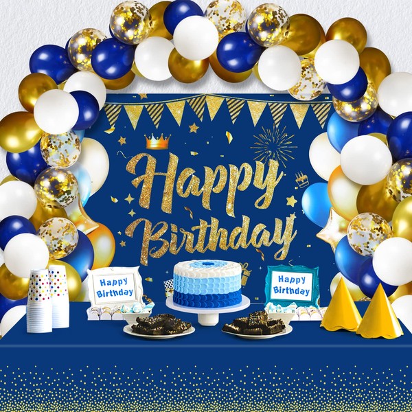 66Pcs Navy Blue Birthday Party Decorations for Men Women, Navy Blue Gold Happy Birthday Backdrop Banner, Blue Tablecloth Table Covers and 60Pcs Navy Blue Gold Balloons Arch Kit for Birthday Party Supplies