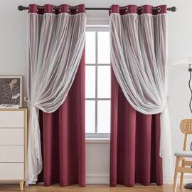 Anytime Home Curtains Blackout and Sheer Layered Solid Window Curtain Panel Pair with Grommet Top, 52Wx95L,Wine Red