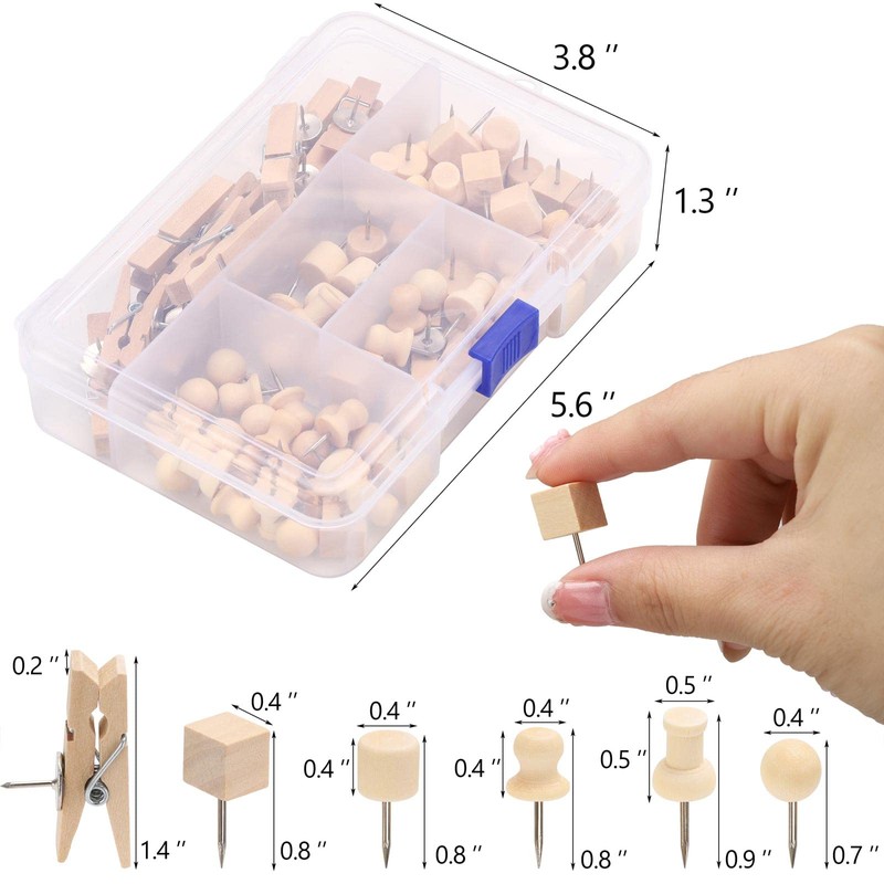 102 Pcs Wood Push Pins 6 Sizes Thumb Tacks for