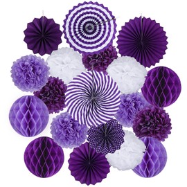koboome Party Hanging Paper Fan Set, , Round Paper Fans Set Tissue Paper Pom Poms Flowers for Birthday Party Wedding Event Festival Decorations (Purple)