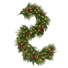 WBHome Real Touch Mixed Evergreen with Pinecones Foliage Prelit Garland, Winter Greenery Garland for Christmas Holiday Seasonal Outdoor/Indoor Home Decor Mantle, 6FT Long