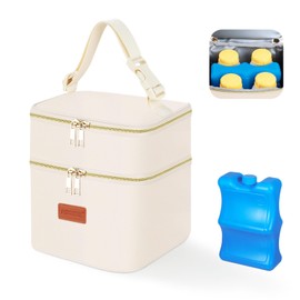 PIIOSER Baby Cooler Tote Bag with Ice Pack, Fits 4 Baby Bottles Up to 5 Ounce, Small Insulated Breast Milk Cooler Travel Bag with Handle Buckle for Nursing Moms, Cream-1