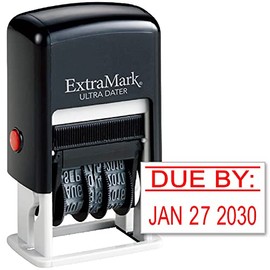ExtraMark Ultra Dater Self-Inking Rubber Date Office Stamp with Due by: Phrase & Date - Style 3, Red Ink, 12-Year Band