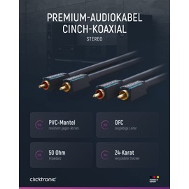 Clicktronic Male to Male Cinch Coaxial Stereo Audio RCA Cable, Black, 10 Metre Length