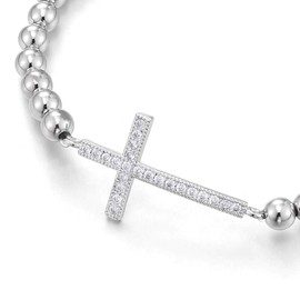 COOLSTEELANDBEYOND Womens Beads Link Chain Bracelet Cubic Zirconia Horizontal Sideway Cross, Exquisite(CA)