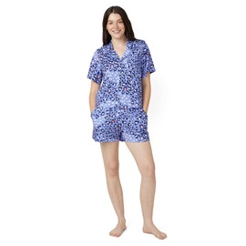 HUE Women's Notch Collar Short Sleeve 2 Piece Pj Set, Jacaranda - Shady Leopard, M