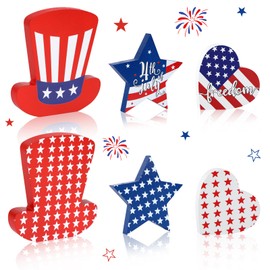 4th of July Decor Patriotic Decorations Red White Blue Star Wooden Star Signs,6PCS Memorial Day Tiered Tray Decor,American Table Decoration for Labor Day Decorations Home Kitchen Decor (3 color)