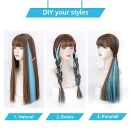 RINBOOOL Colored Hair Extensions Clip In for Kids Girls Women, Teal Blue 10 Pieces Rainbow Color, 22 Inch Long Straight Highlights Party, Synthetic