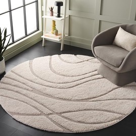 SAFAVIEH Florida Shag Collection 5' Round Cream/Beige SG471 Abstract Wave Non-Shedding Living Room Bedroom Dining Room Entryway Plush 1.2-inch Thick Area Rug