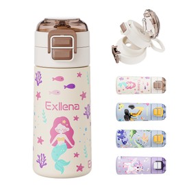 Exllena 400ml Stainless Steel Water Bottle Kids with Pop-Open Soft Straw & Spout 2-in-1 Lid, Kids Metal Water Bottle Leak Proof for Cold&Hot Drinks, BPA-Free, Ideal for Boys Toddler Girls(Mermaid)