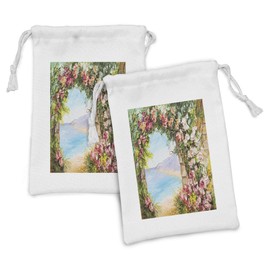 Ambesonne Art Fabric Pouch Set of 2, Old Antique Arch Covered by Rose Petals Branches Romantic Italian Panorama Sea Print, Small Drawstring Bag for Toiletries Masks and Favors, 9" x 6", Multicolor