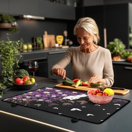 Drnuikhe Stove Top Cover for Electric Stove,Cat Butterfly Print Silicone Stove Mat for Glass Top Stove, Glass Cooktop Protector Dish Drying Mats Range Covers for Electric Stover