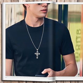 JUNOVUROS 20 to 28 Inches Rolo&Byzantine Chain 316L Stainless Steel Mens Cross Necklace with Large&Medium Sizes with Silver Gold Black