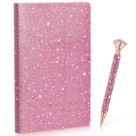 Resholder Rhinestone Notebook Pen Sets Bling Pocket Notebook Crystal Pens Mini Diamond Hardcover Glitter Diary Office Desk Accessories for Women(A5,Pink)