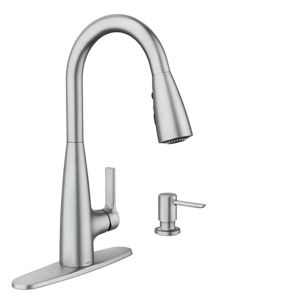 Moen Haelyn Spot Resist Stainless Single-Handle Pull-Down Sprayer Kitchen Faucet Featuring Power Boost for a Faster Clean, Soap Dispenser Included, 87627SRS