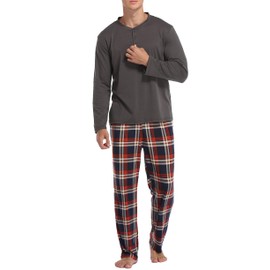 Vlazom Men's Pajamas Set Long Sleeves Soft Pj Top and Plaid Pants for Sleepwear Loungewear with Pockets,A-Blue,L