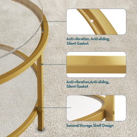 SAYGOER Round Glass Coffee Table 2 Tier Coffee Tables with Storage Shelf for Large or Small Space Modern Simple Center Table with Gold Frame for Living Room Home Office, Easy Assembly…