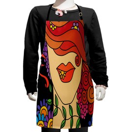 Ambesonne Contemporary Apron, Surrealistic Abstract Portrait of a Woman with Swirly Hair Flowers and Leaves, Small Apron Bib with Adjustable Ties for Baking Painting, Small Size, Multicolor