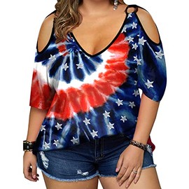 MNLYBABY Plus Size American Flag Shirt Women 4th of July Tee Shirt USA Stars Stripes T-Shirt Patriotic Cold Shoulder Tops
