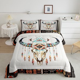 Boho Cow Skull Bedding Set King Size,Watercolor Tribal Geometric Print Comforter Set Room Decor for Home,Cowboy Western Style Microfiber Down Comforter,with 2 Pillowcases