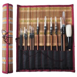 YOUUGIOR 14 Pieces Chinese Calligraphy Brushes + 1 Roll-up Brush Holder Set for Japanese Chinese Sumi Painting Drawing Kanji Art Watercolor