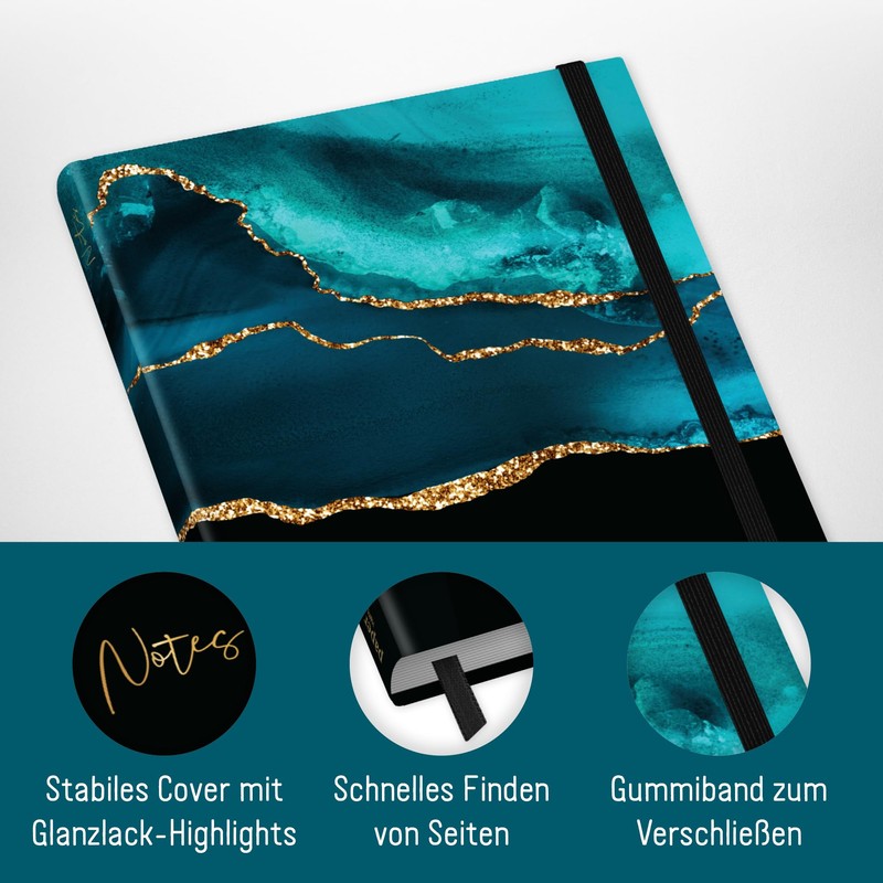 paper&you® Notebook A5+ Squared with Elastic Band [Shiny Teal] 156