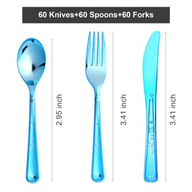 180 Pack Disposable Deep Blue Plastic Silverware Contain 60 Forks,60 Spoons,60 Knives, Solid and Durable Plastic Cutlery Utensils Set Perfect for Parties,weddings.