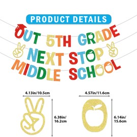 Out 5th Grade Banner Next Stop Middle School Banner Elementary School Graduation Decorations 5th Grade Graduation Banner for Class of 2024 Graduation Party Decoration