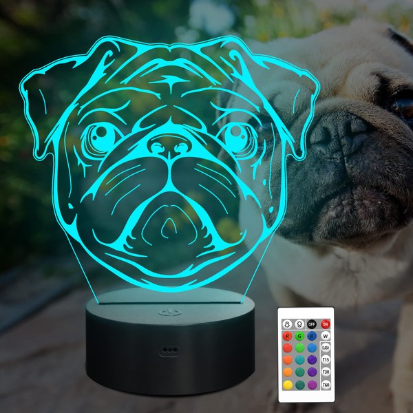 Attivolife Pug Lamp Gifts, 3D Lamp with Remote Control, Cute Dog Illusion Table Bedside Night Light 16 Colors Changing, Pet Bedroom Decor Creative Christmas Birthday Present for Kid Child Toddler