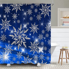 FuShvre Snowflakes Shower Curtain Dark Blue Christmas Bathroom Curtain Silver Winter Holiday Home Decor Fabric Hooks Included 72X72 Inches