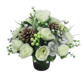 Christmas grave flower arrangement 25-26cm (10-10.5 inches) in grave pot/vase with roses, pinecones and silver eucalyptus