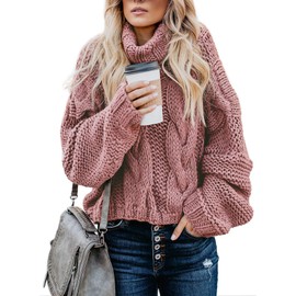 Dokotoo Womens Winter Fall Oversized Turtleneck High Neck Long Sleeve Cable Knit Chunky Sweaters Pullover Outerwear Pink L