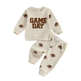 Toddler Baby Boy Girl Football Outfit Long Sleeve Sweatshirt Jogger Pants Rugby Game Day Infant Fall Winter Clothes (Beige, 6-12 Months)