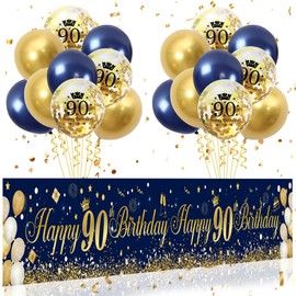 90th Birthday Decorations for Men Women, Navy Blue Gold Happy 90th Birthday Banner, 18PCS Navy Blue Gold Birthday Balloons Confetti Balloons, 90 Years Old Party Decorations Outdoor Yard Decor