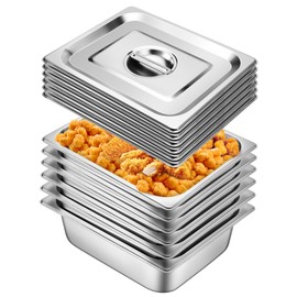 Hotel Pan With Lids 6 Pack 1/2 Size 4" Deep Stainless Steel Steam Table Pan, Commercial Food Pans for Catering Buffet Chafing Dish Pans Metal Steam Tray (1/2 Half Size x 4 Inch Deep, 6 Pack)